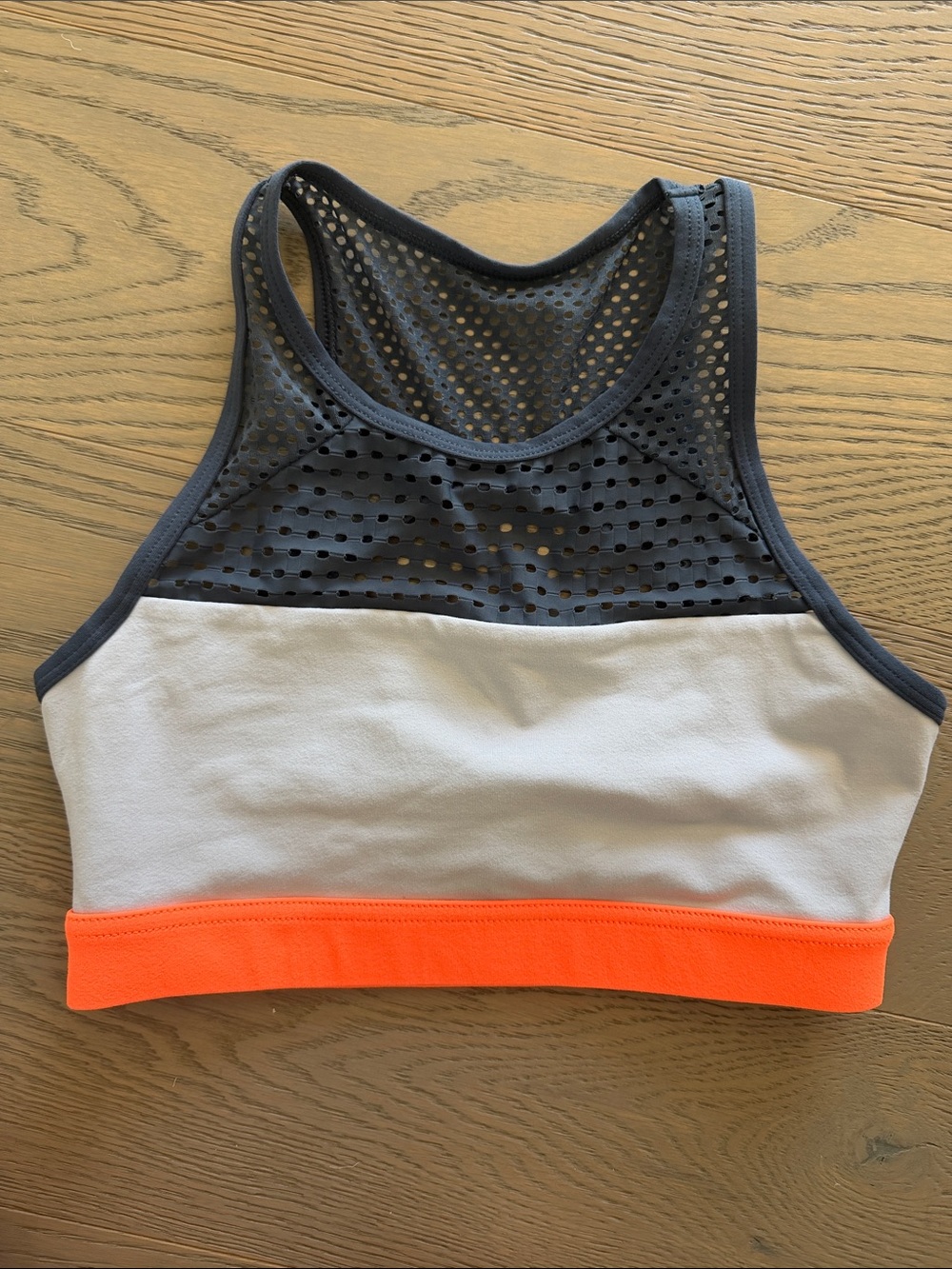 Lorna Jane Gray Mesh & White Sports Bra with Neon Orange Band